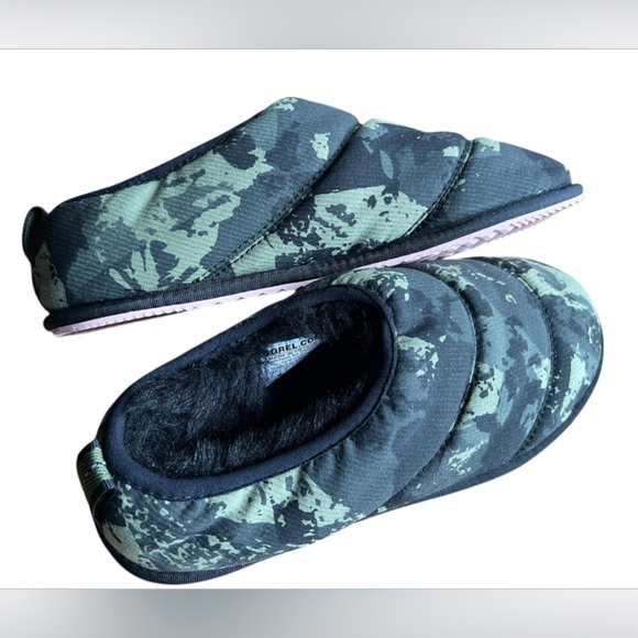 Sorel Women's Go Bodega Run Slipper Size 8 Nori Black Green Camouflage Faux Fur